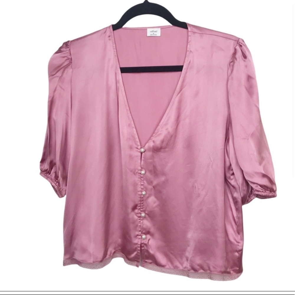 Wilfred Bria Pink Satin Pearl Button Up Puff Sleeve Blouse Aritzia